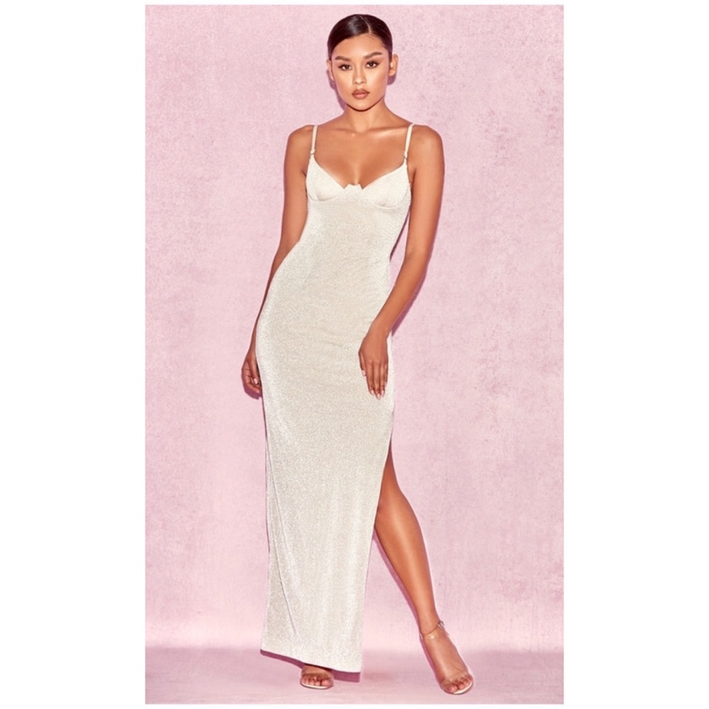 HOUSE OF CB NWT CARMINA SILVER METALLIC MAXI DRESS